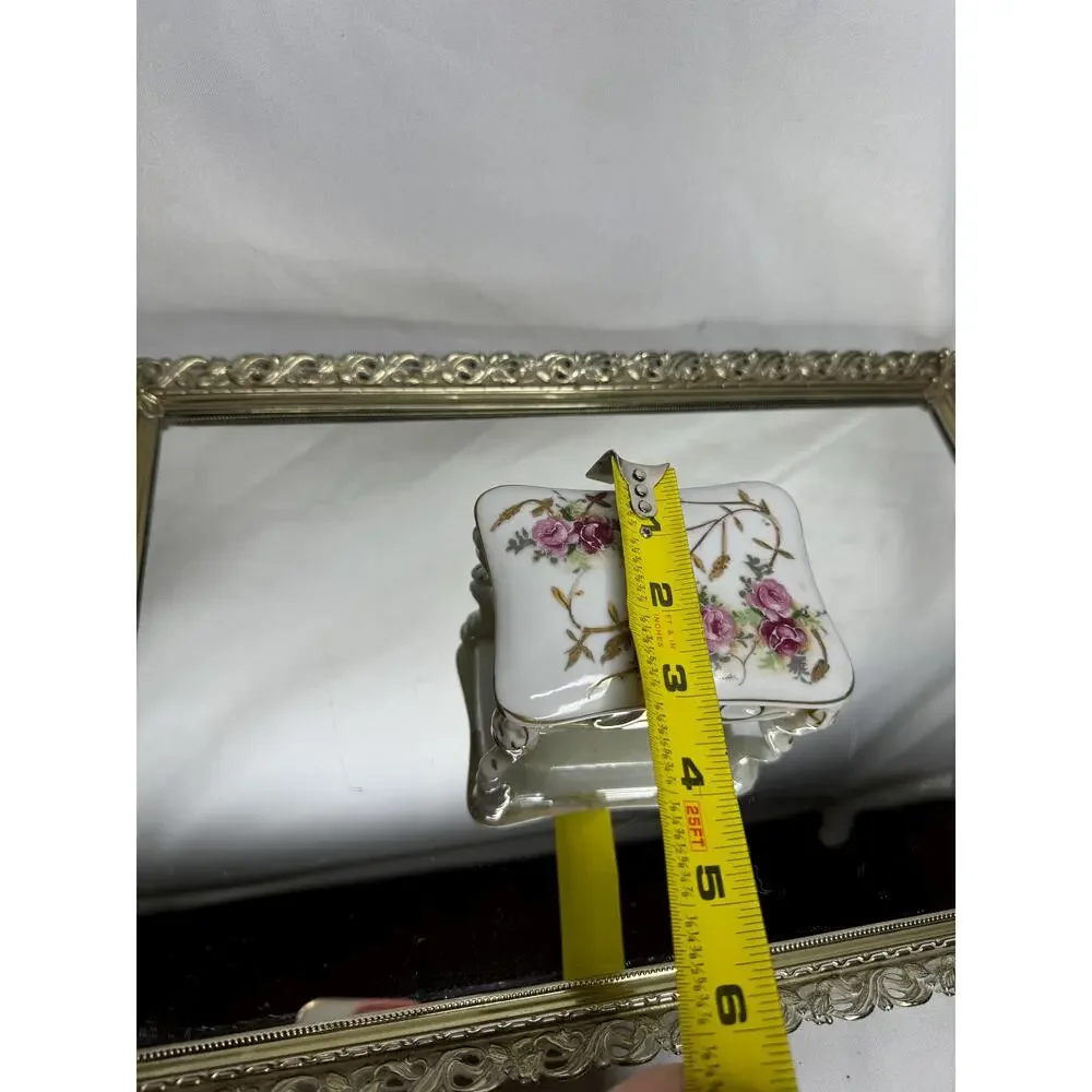 Vtg Arnart Creations Lidded Footed Trinket Dish w/ Gold Trim and Rose Transfer